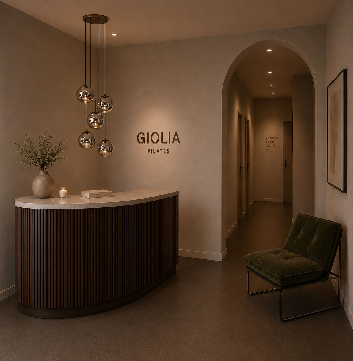 Réception du studio Giolia Pilates, enseigne lumineuse et fauteuil vert
